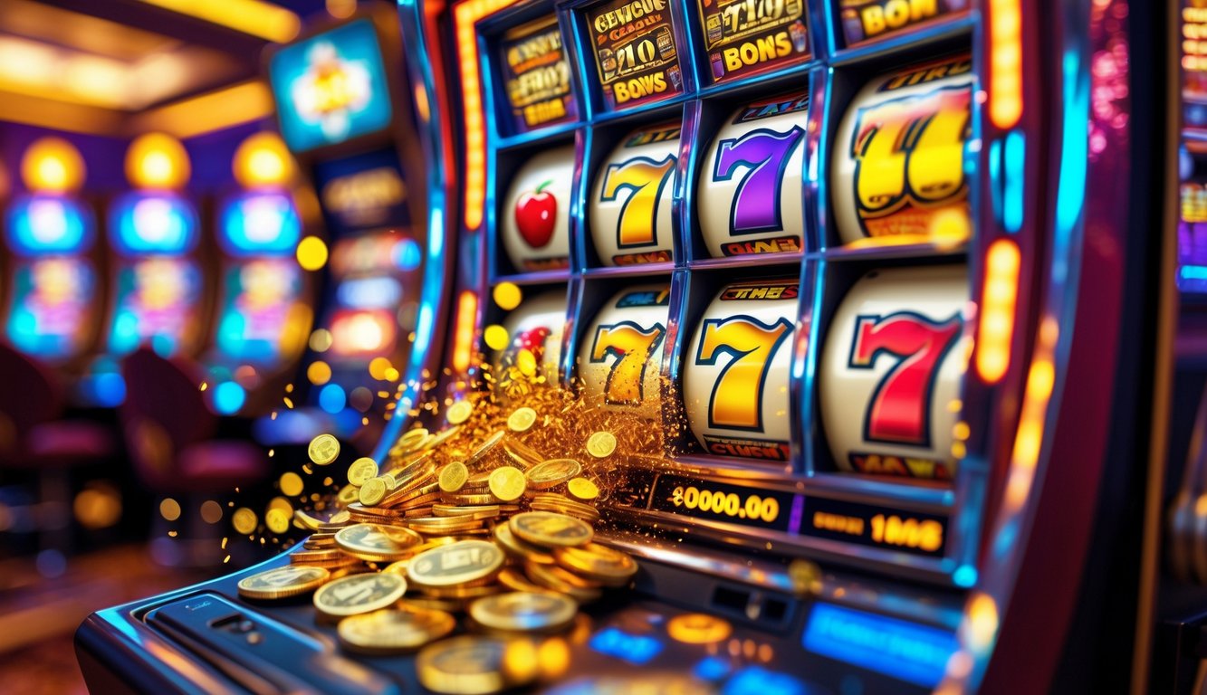 Mesin slot berwarna cerah dengan koin emas dan confetti yang keluar menandakan kemenangan besar di kasino.