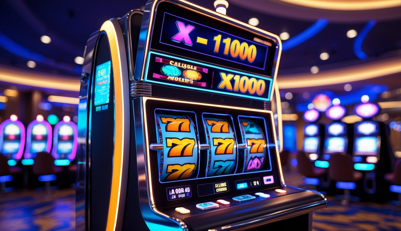 Mesin slot modern dengan lampu neon berwarna-warni di lantai kasino yang sibuk.