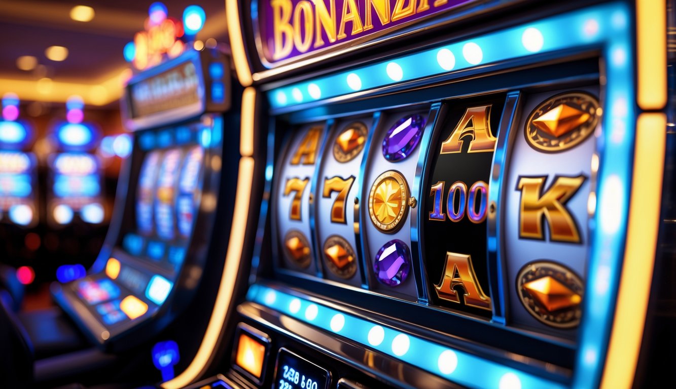 Mesin slot berwarna cerah dengan simbol koin emas dan permata yang sedang berputar di latar kasino yang samar.