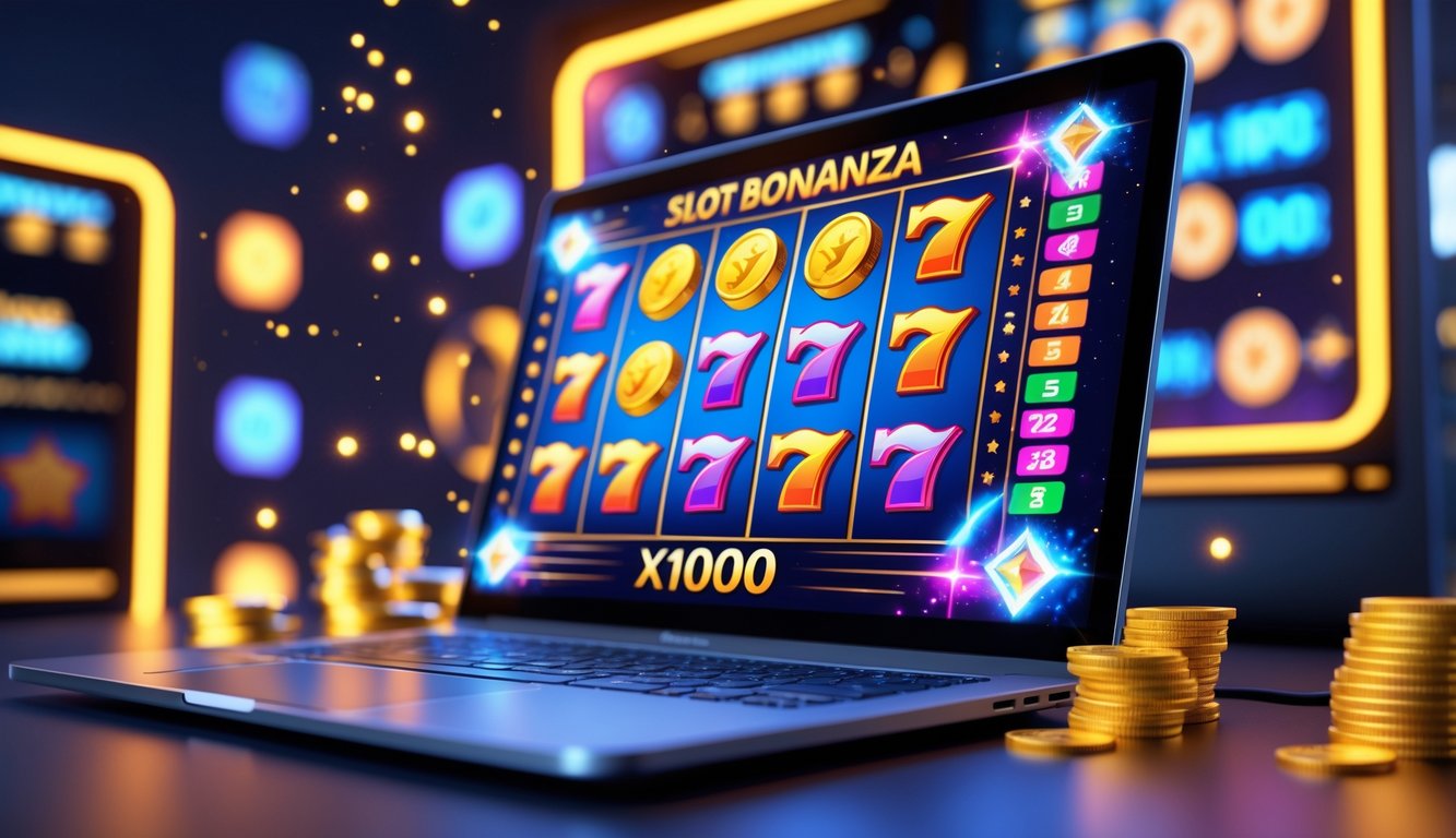 Layar komputer menampilkan mesin slot berwarna-warni dengan simbol koin emas dan permata, di lingkungan permainan online yang modern dan menarik.