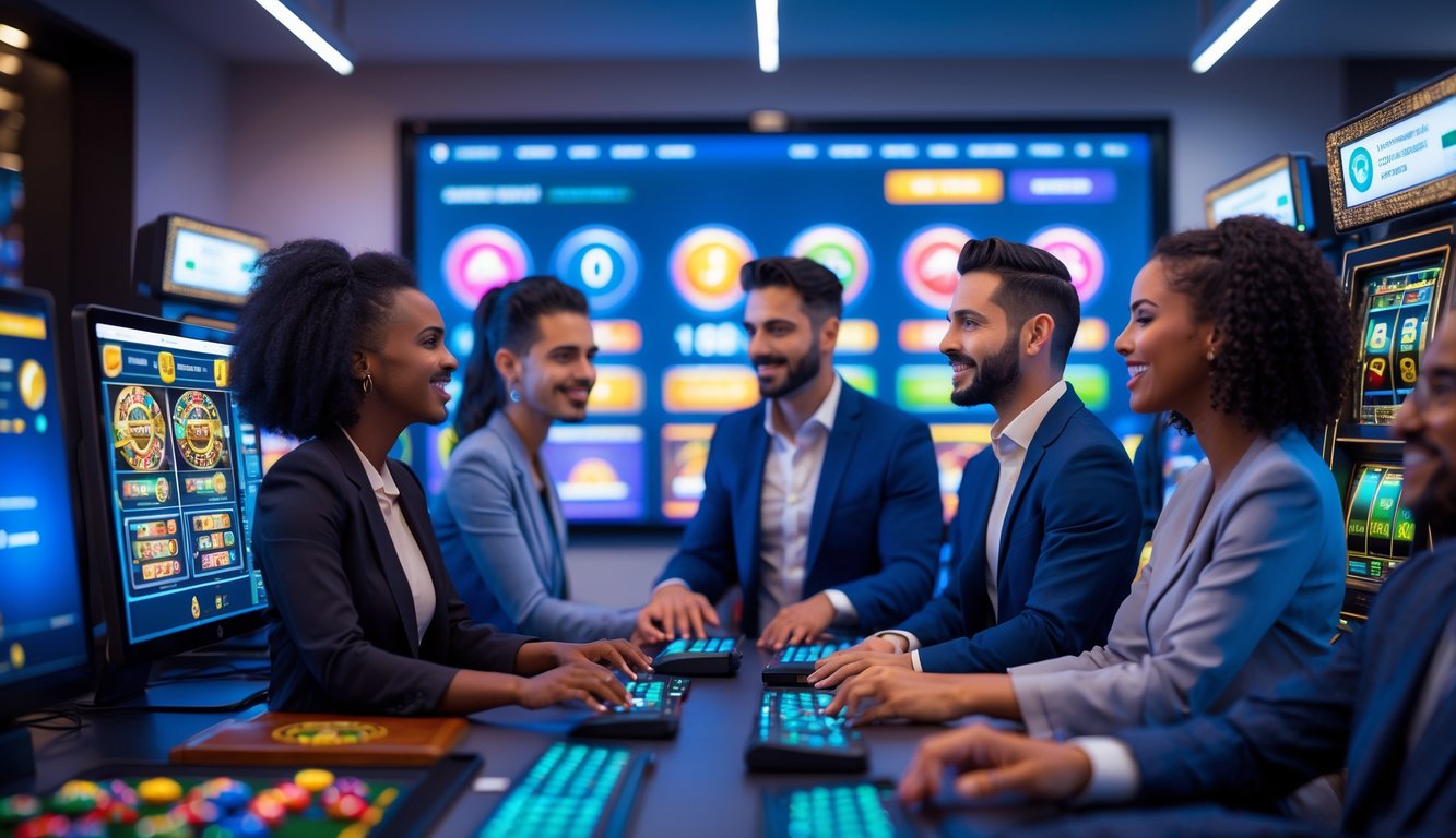 Sekelompok orang yang percaya diri berkumpul di sekitar komputer dengan permainan kasino online di layar, menunjukkan suasana permainan yang menyenangkan dan terpercaya.