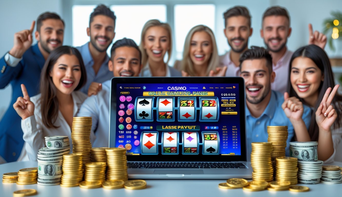 Orang-orang merayakan kemenangan besar judi online dengan laptop, tumpukan uang, dan chip poker di meja.