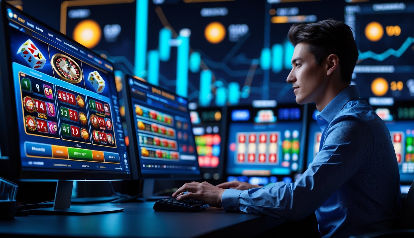 Seorang pria di depan beberapa monitor komputer yang menampilkan permainan kasino online di ruang kerja modern.