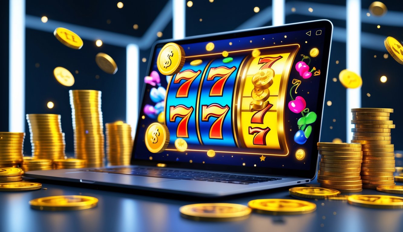 Seseorang sedang bermain judi online dengan layar perangkat menampilkan mesin slot digital dan simbol jackpot besar.