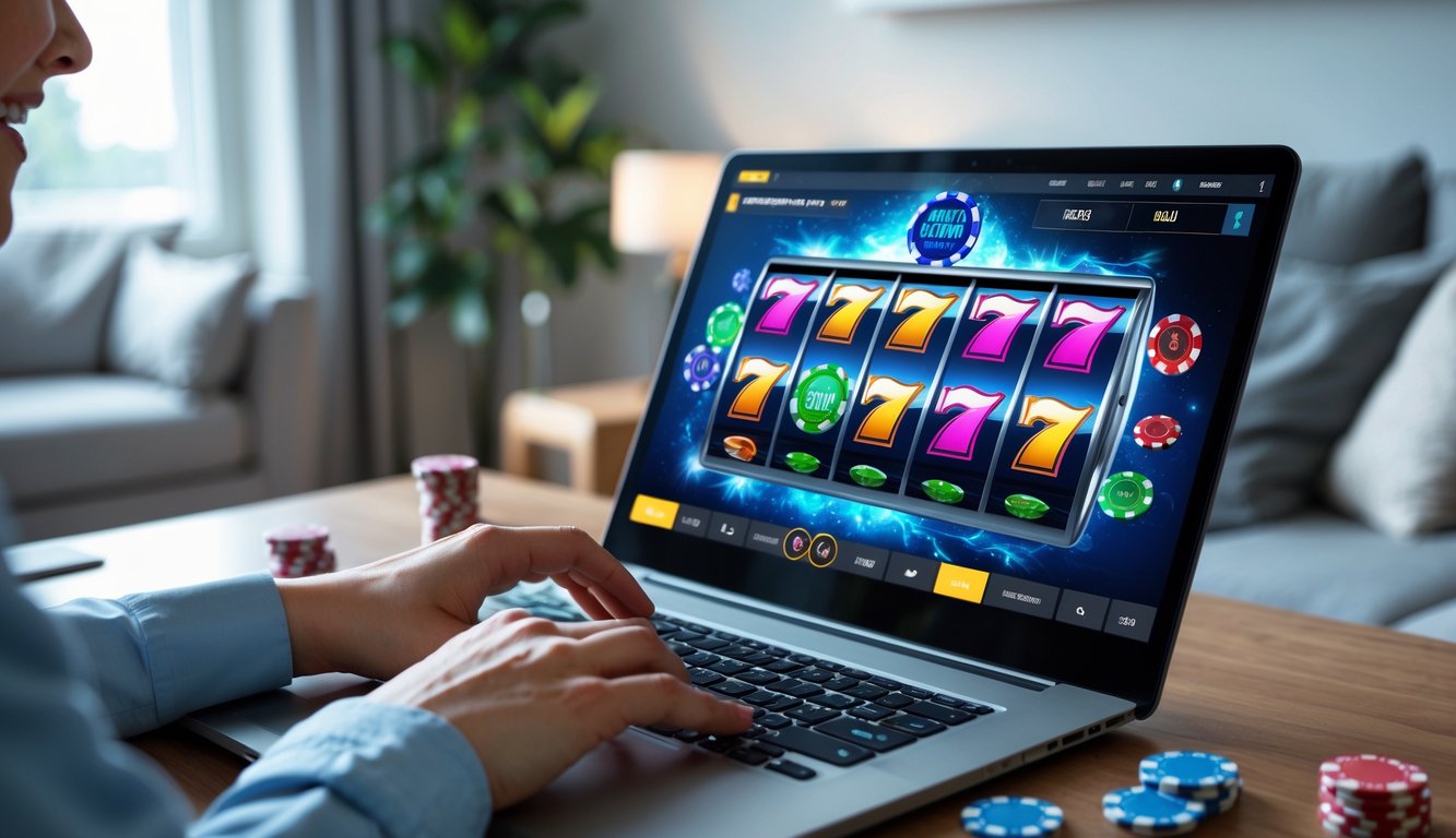 Seseorang menggunakan laptop atau ponsel untuk bermain judi online di ruangan yang nyaman dan rapi.