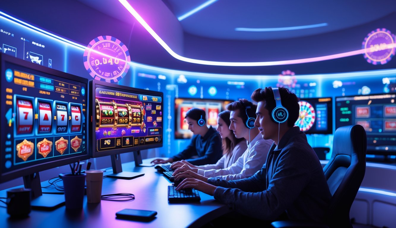 Sejumlah orang muda sedang bermain permainan judi online di ruang kerja modern dengan beberapa layar komputer besar yang menampilkan permainan kasino digital.