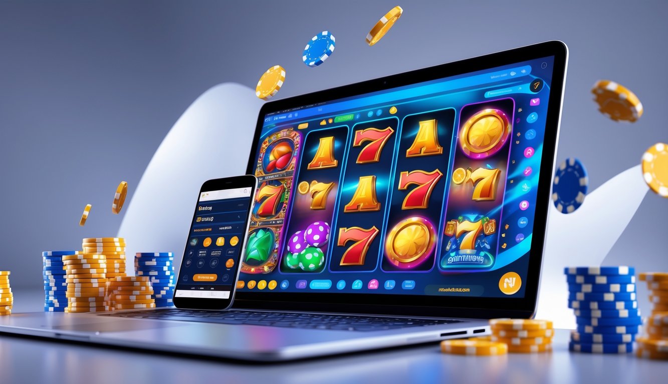 Seseorang sedang bermain permainan judi online di depan komputer dengan layar menampilkan mesin slot digital dan chip poker di sekitarnya.