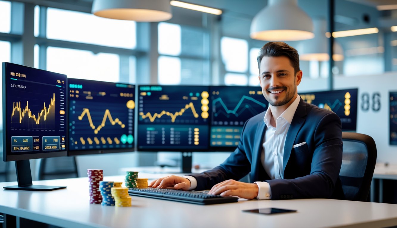 Seorang profesional duduk di meja kantor dengan beberapa layar komputer yang menampilkan grafik dan antarmuka taruhan online.