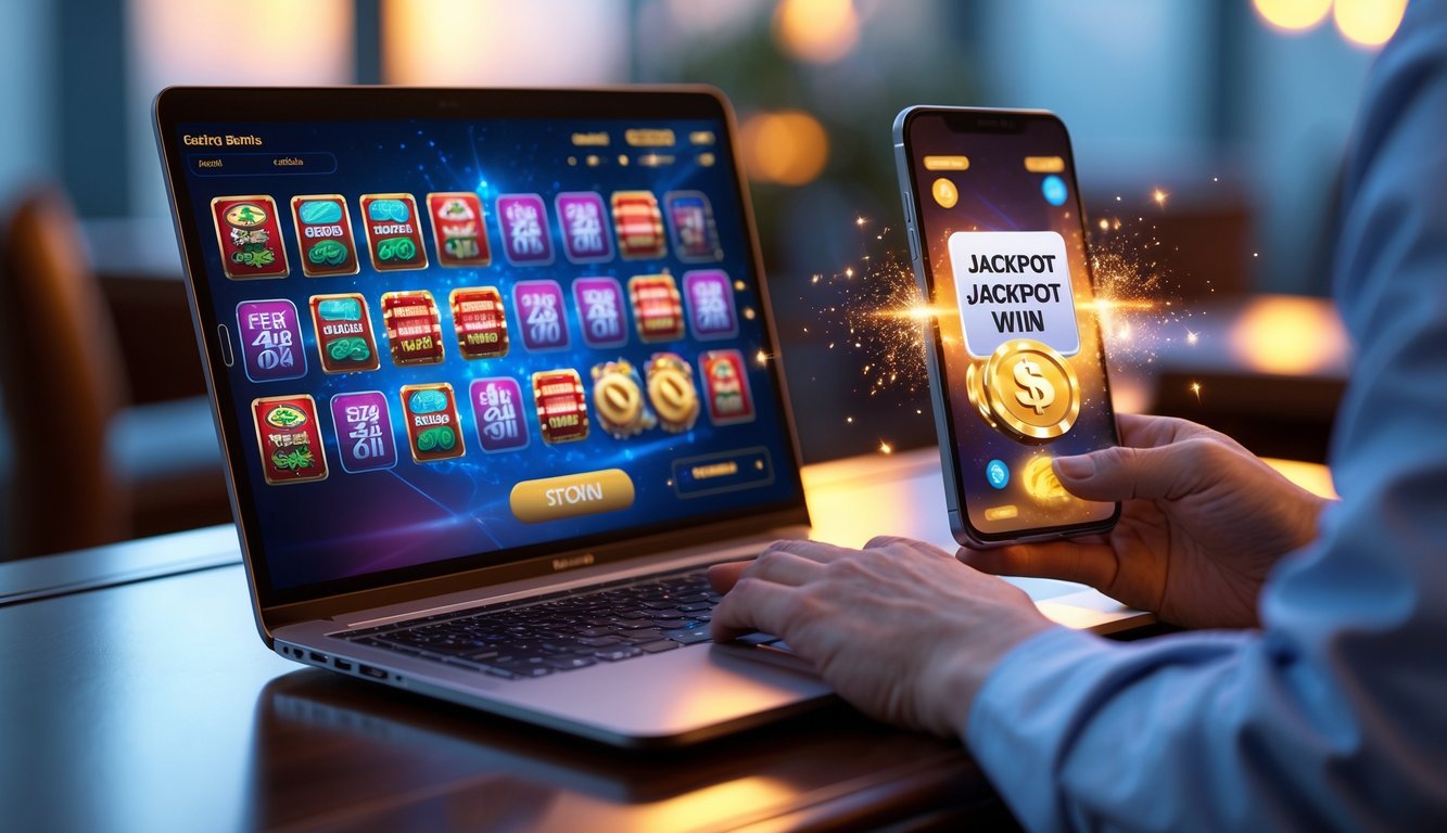 Seorang pengguna berinteraksi dengan laptop dan ponsel yang menampilkan permainan judi online dengan suasana yang hangat dan penuh semangat.