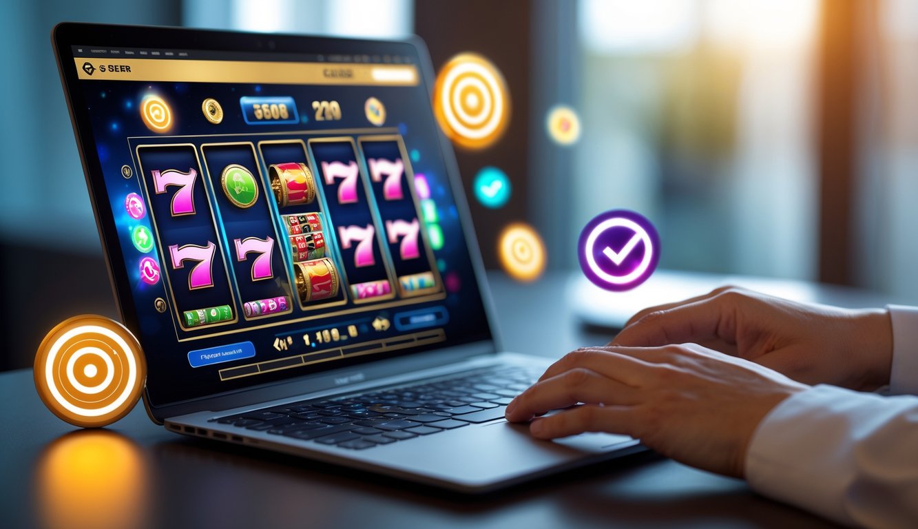 Seseorang menggunakan laptop dengan tampilan permainan kasino online yang berwarna-warni di layar.