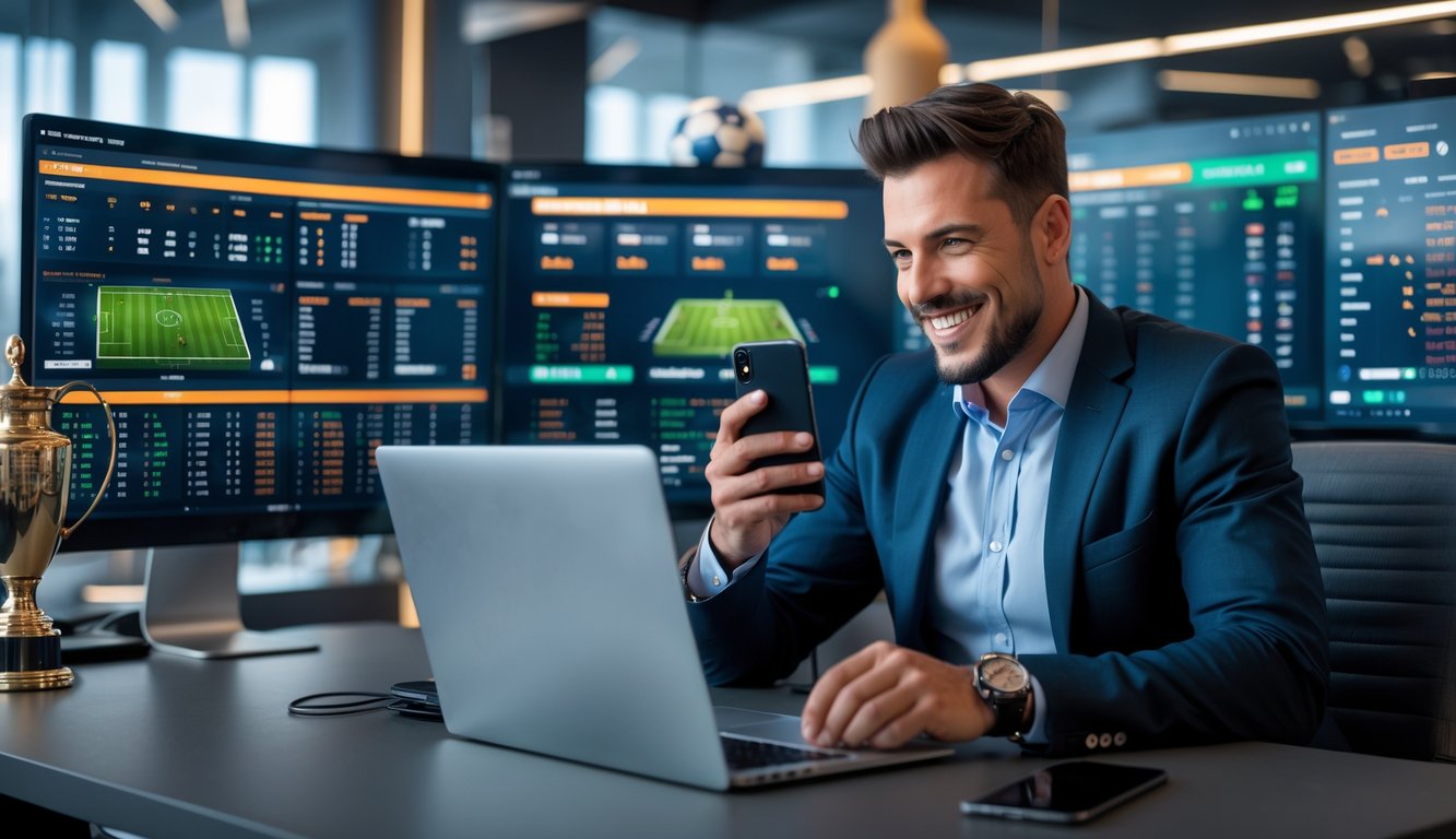 Seorang pria percaya diri sedang menggunakan komputer dan ponsel di kantor modern dengan layar yang menampilkan pertandingan sepak bola dan statistik taruhan olahraga.