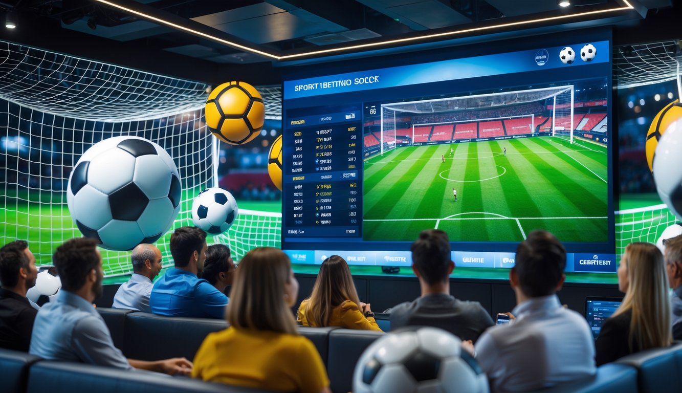 Orang-orang menonton pertandingan sepak bola di ruang modern dengan layar besar dan grafik sepak bola di latar belakang.