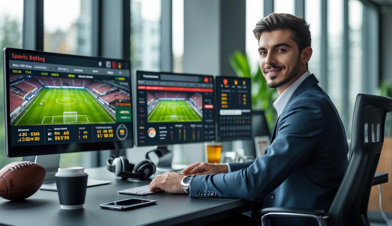 Seorang pria muda duduk di meja kantor dengan beberapa layar komputer menampilkan pertandingan sepak bola dan peluang taruhan.
