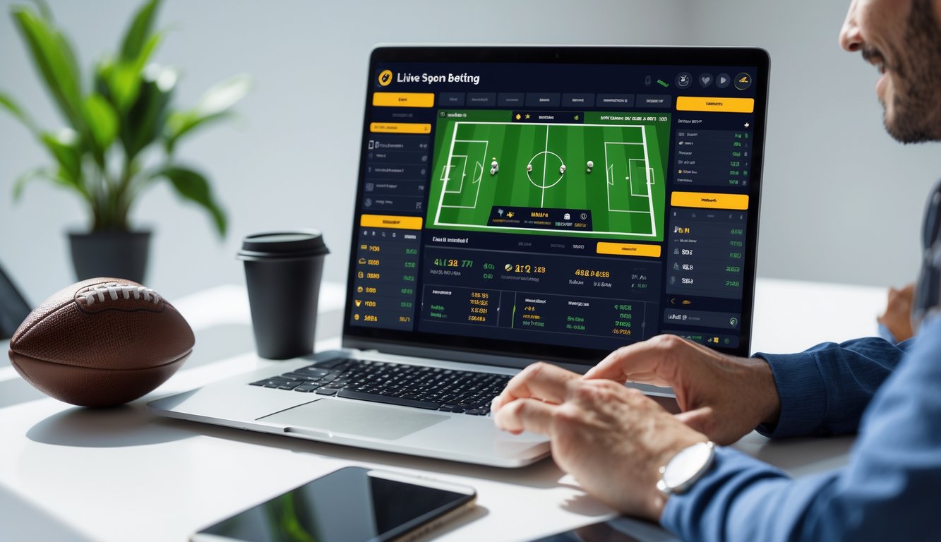 Seseorang menggunakan laptop dan ponsel untuk memasang taruhan bola online di meja kerja dengan bola sepak di sampingnya.