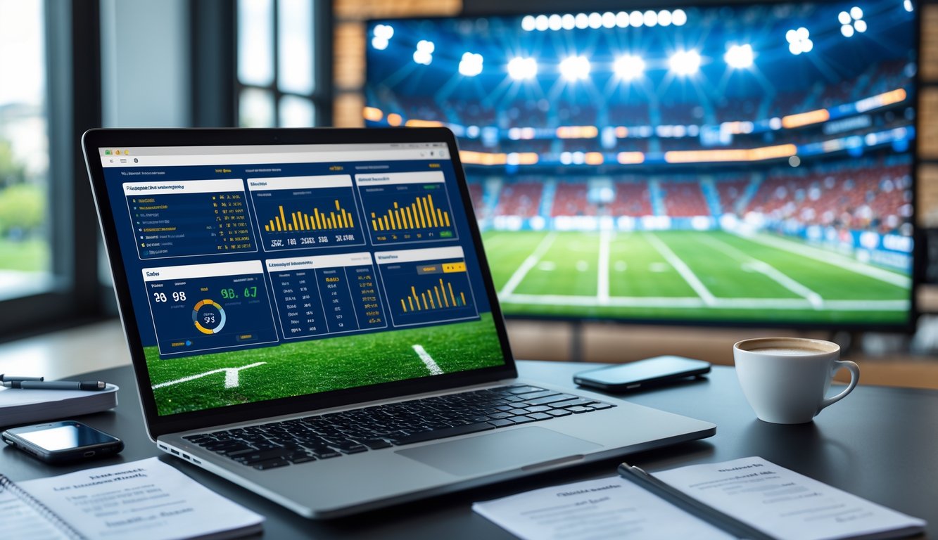 Sebuah ruang kerja modern dengan laptop yang menampilkan statistik sepak bola, layar digital stadion sepak bola dengan penonton, dan alat kerja lainnya di meja.