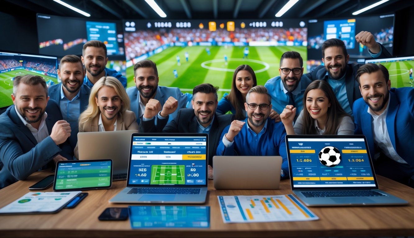 Sekelompok orang sedang menggunakan perangkat digital untuk memasang taruhan sepak bola dengan suasana penuh semangat dan layar menampilkan pertandingan sepak bola langsung.