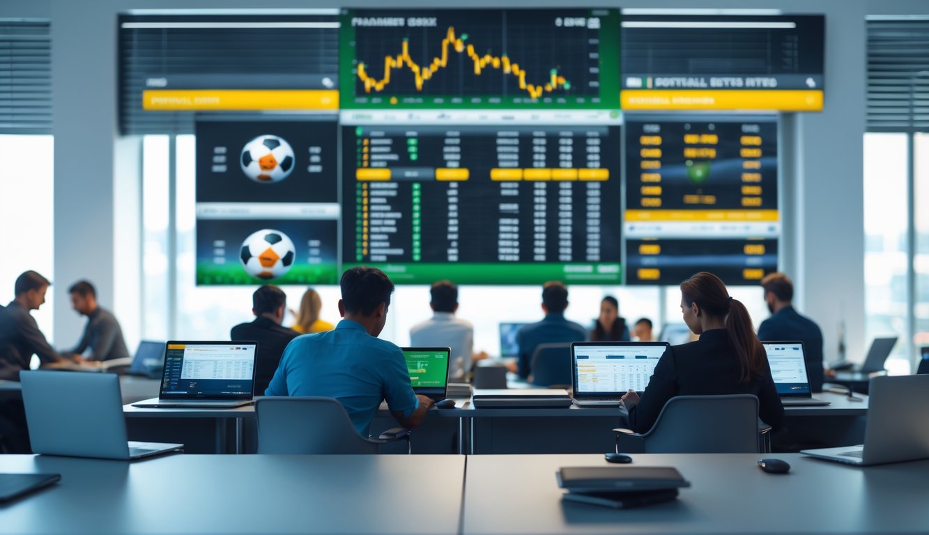 Suasana kantor taruhan olahraga resmi dengan orang-orang menggunakan perangkat digital dan layar besar menampilkan statistik pertandingan sepak bola.