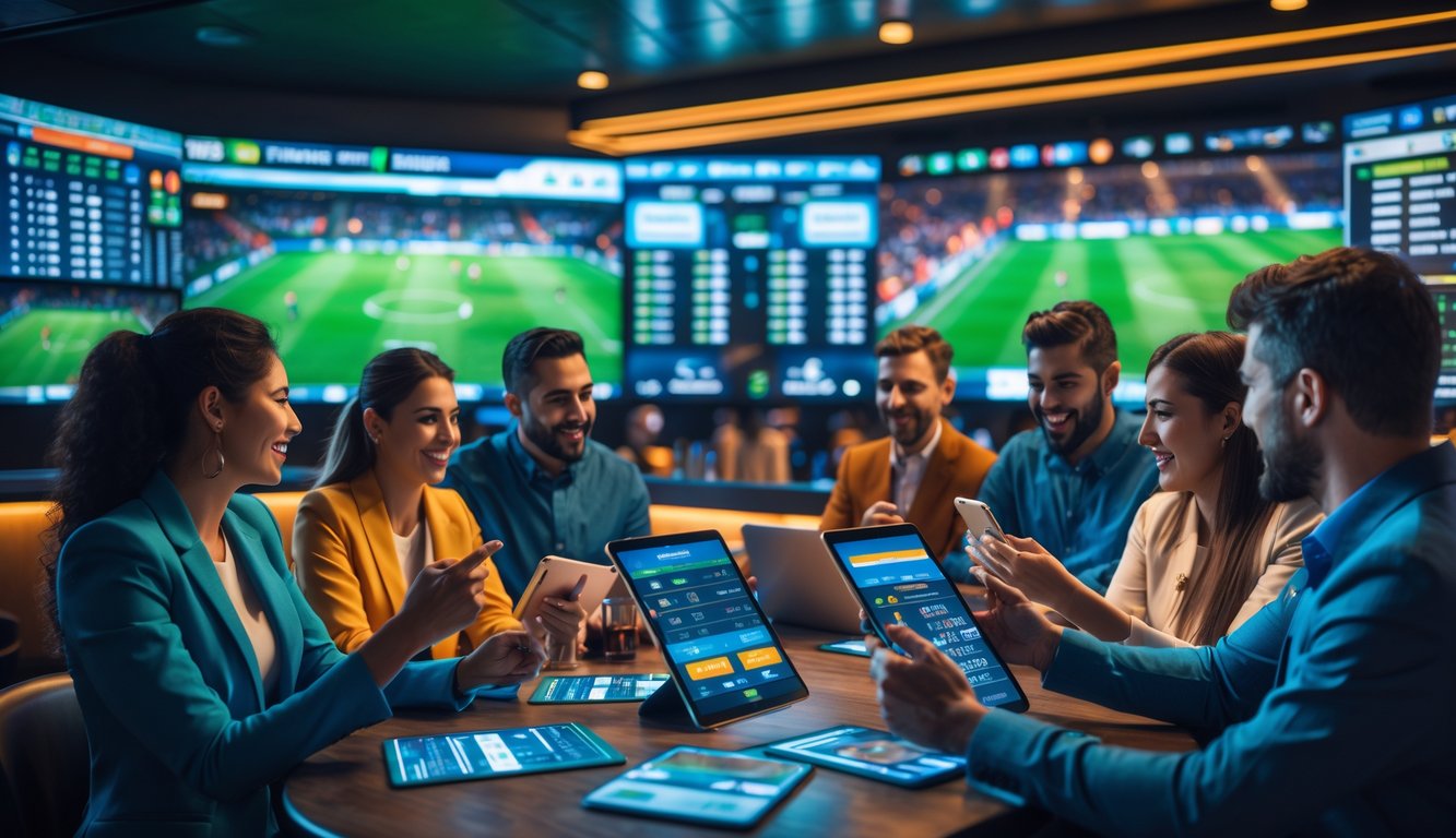 Sekelompok orang menggunakan perangkat digital di sebuah lounge olahraga modern sambil menonton pertandingan sepak bola di layar besar.