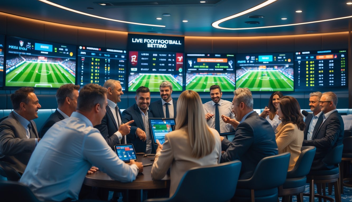 Orang-orang sedang berkumpul di ruang taruhan bola dengan layar besar yang menampilkan pertandingan sepak bola secara langsung.