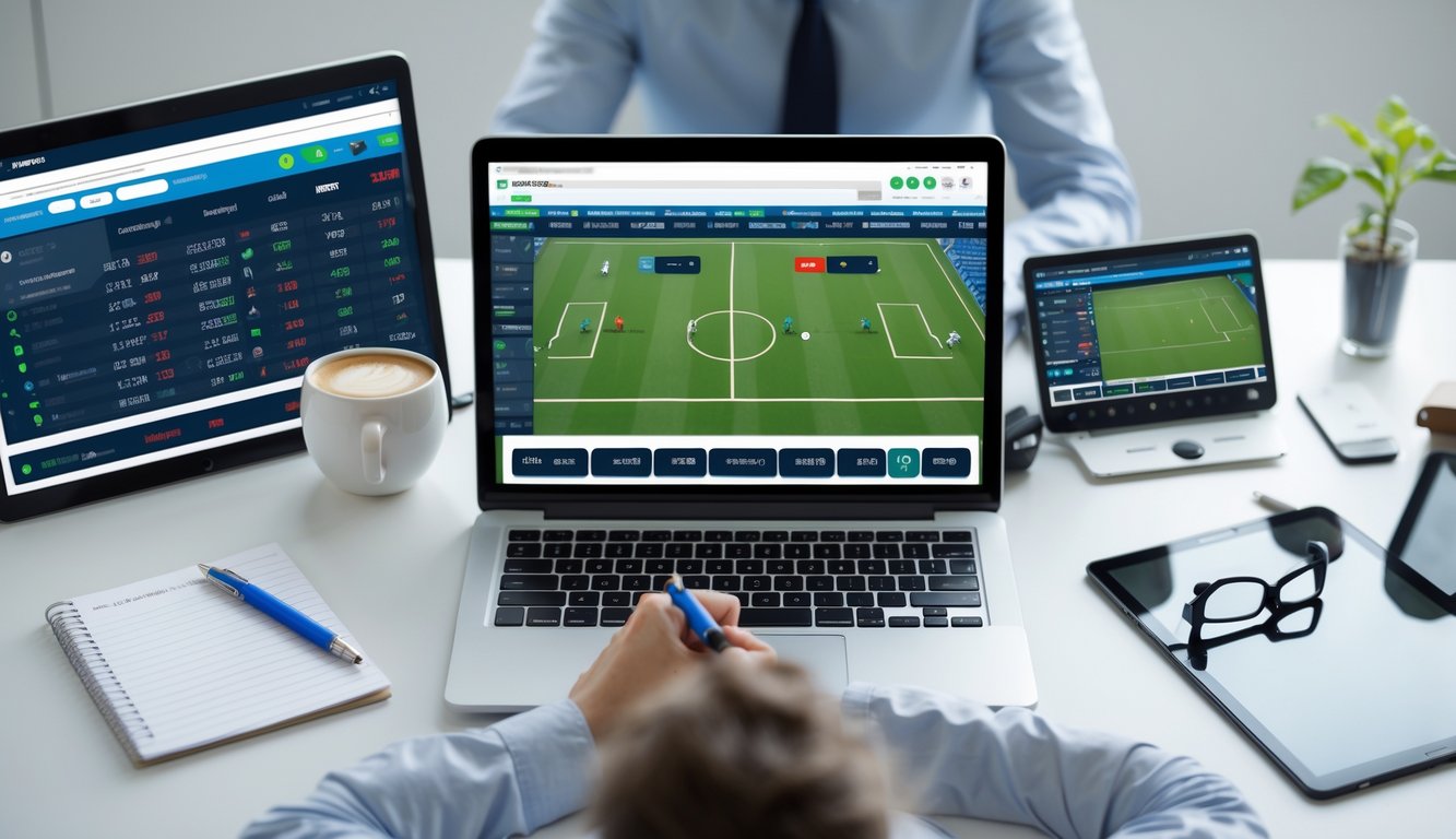 Seseorang sedang bekerja dengan laptop dan perangkat digital menampilkan statistik pertandingan sepak bola dan data taruhan secara akurat.