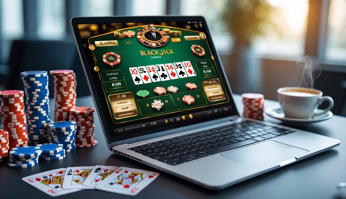 Sebuah meja dengan komputer yang menampilkan permainan blackjack online, kartu dan chip poker di sekitarnya.
