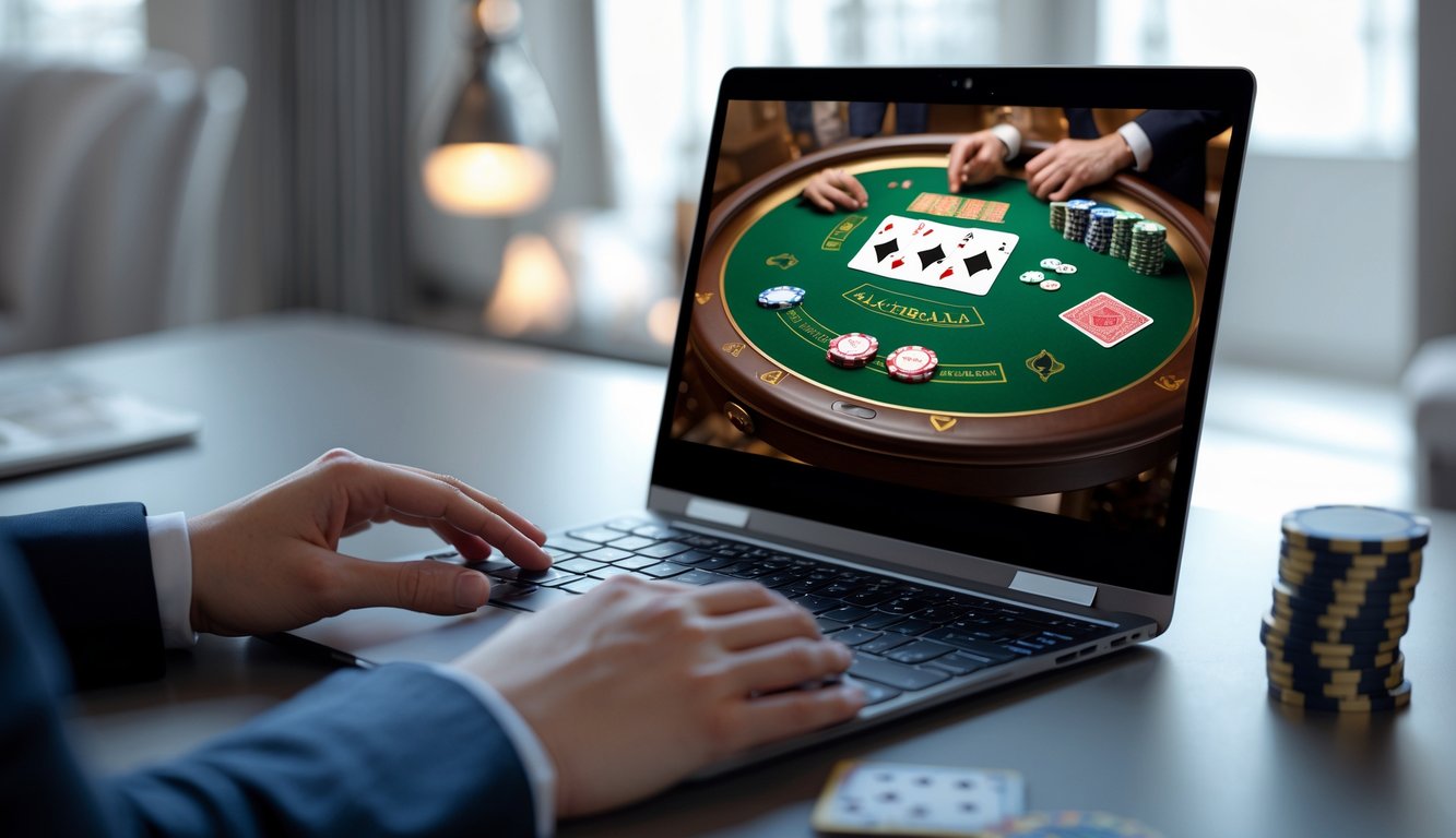 Seseorang menggunakan komputer dengan tampilan meja blackjack online di layar.