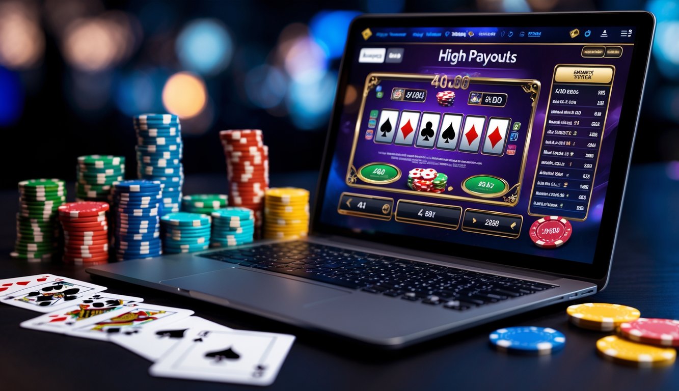 Layar komputer menampilkan permainan blackjack online dengan tumpukan chip poker dan kartu di atas meja kayu gelap.
