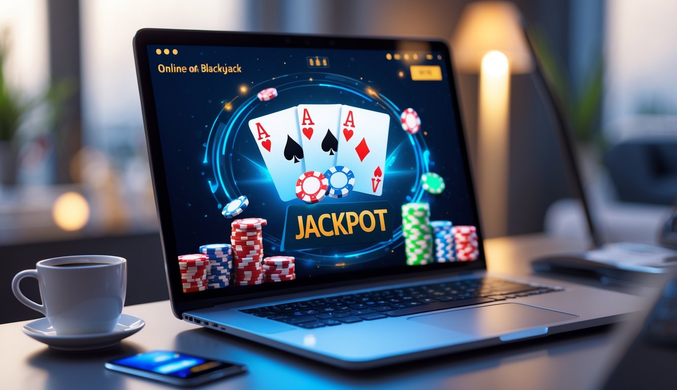 Seseorang bermain blackjack online di depan layar komputer dengan tumpukan chip dan kartu yang menunjukkan kemenangan.
