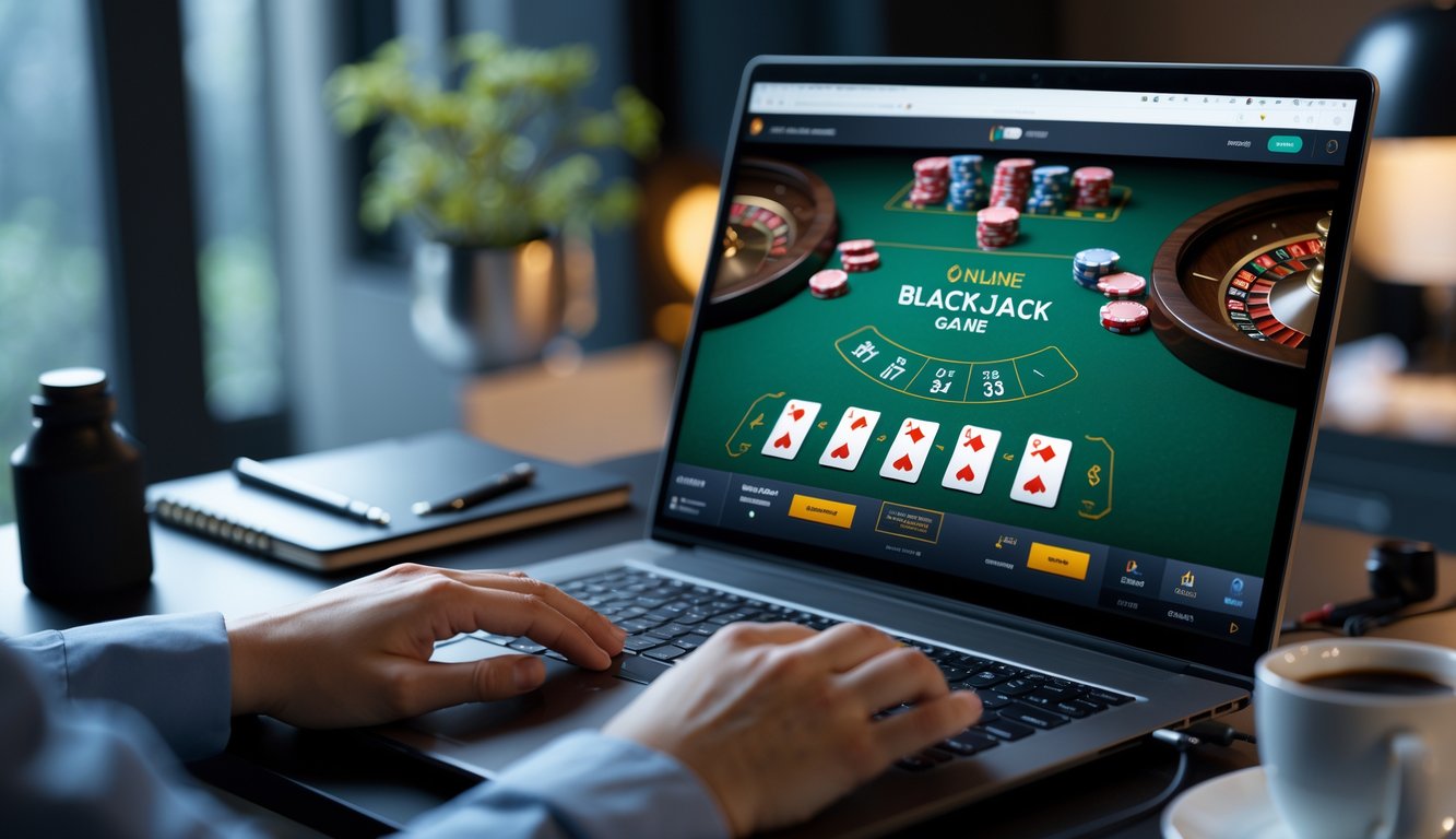Seseorang sedang bermain blackjack online di laptop di meja kerja dengan suasana ruangan yang rapi dan pencahayaan yang baik.