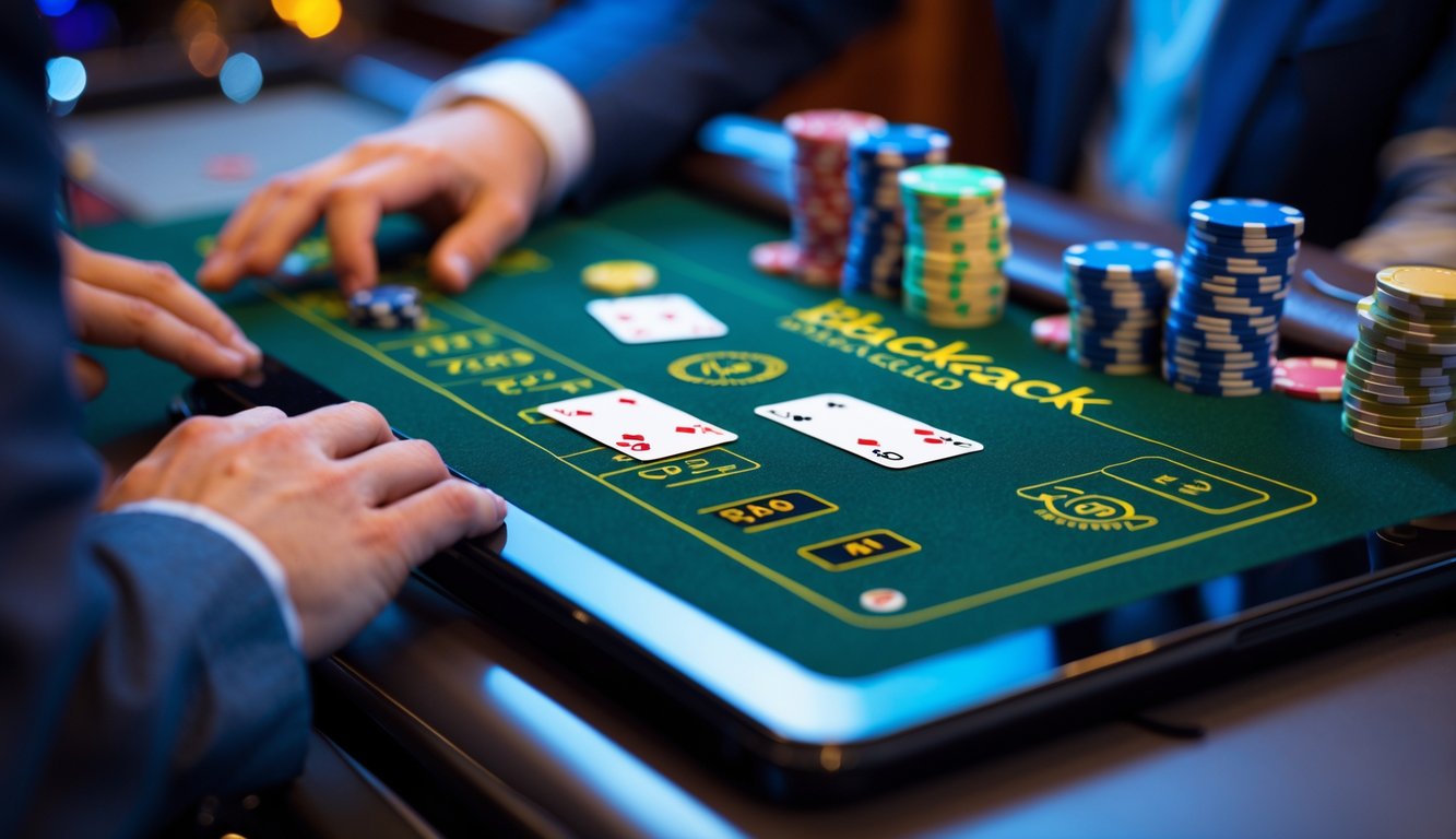 Seseorang bermain blackjack online di layar komputer dengan kartu dan chip taruhan terlihat jelas.