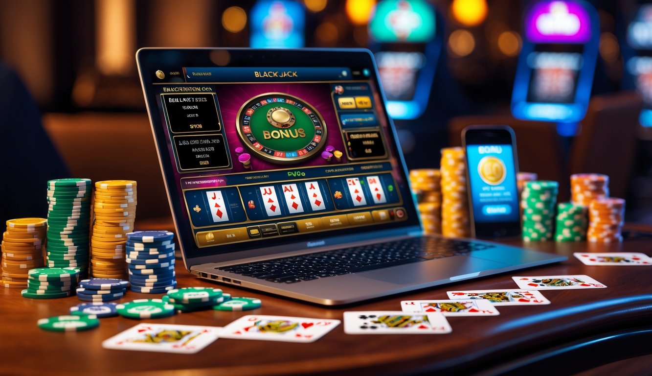 Seorang pemain sedang bermain blackjack online dengan laptop, tumpukan chip kasino, dan kartu di atas meja kayu.