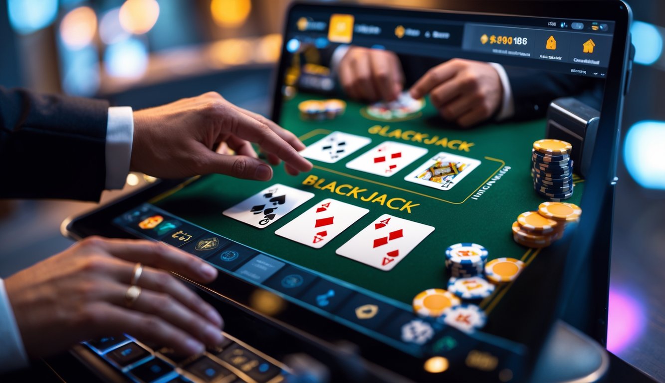 Tampilan permainan blackjack online dengan kartu dan chip di layar perangkat digital.