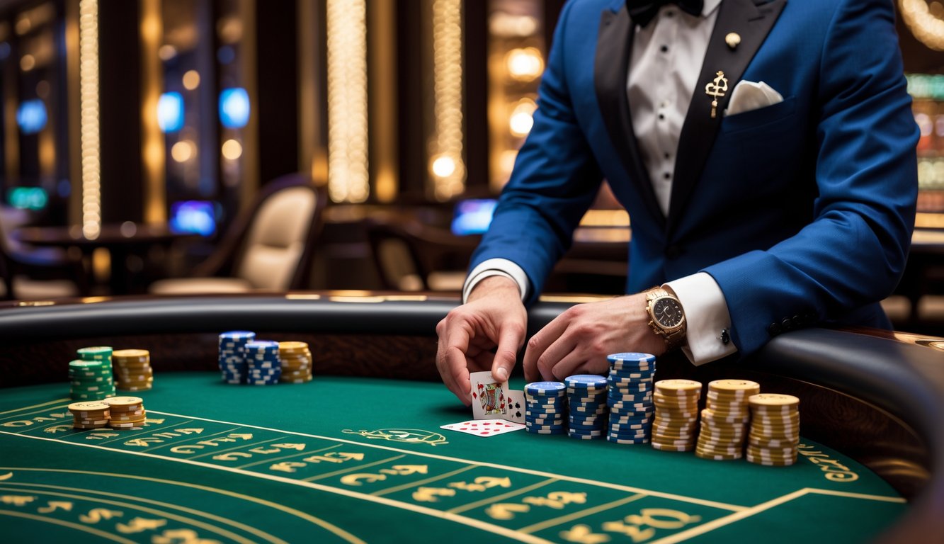 Meja baccarat di kasino mewah dengan dealer yang sedang membagikan kartu dan tumpukan chip di atas meja.