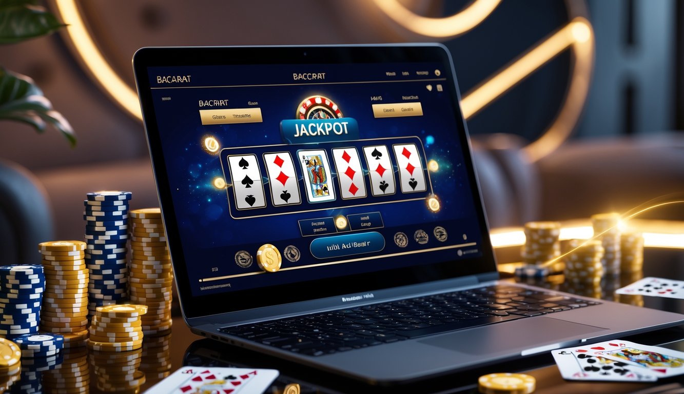 Layar komputer menampilkan permainan baccarat online dengan kartu dan chip kasino di sekitarnya.