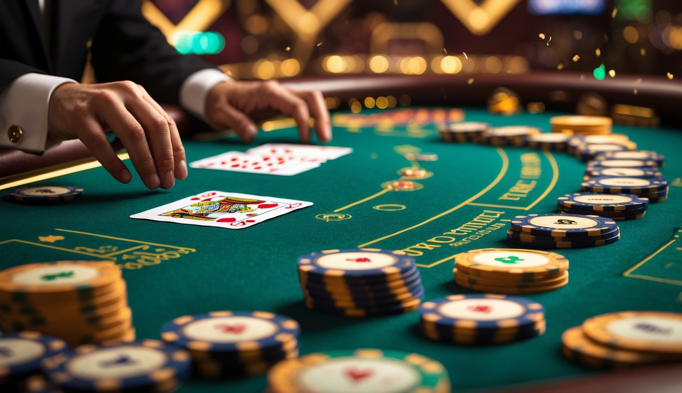 Meja baccarat di kasino dengan kartu dan tumpukan chip poker yang rapi, menampilkan suasana jackpot yang mewah.