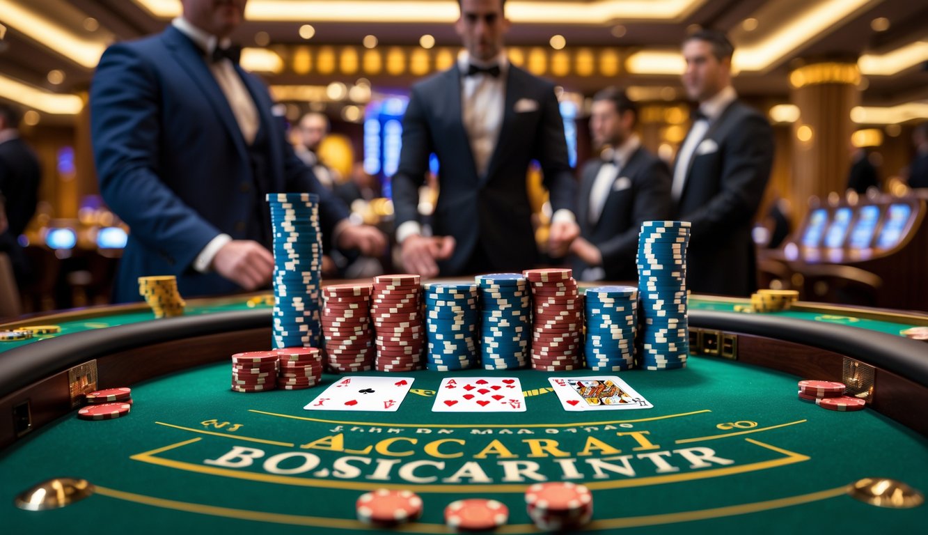 Meja baccarat di kasino mewah dengan kartu dan tumpukan chip, menampilkan suasana kemenangan jackpot besar.