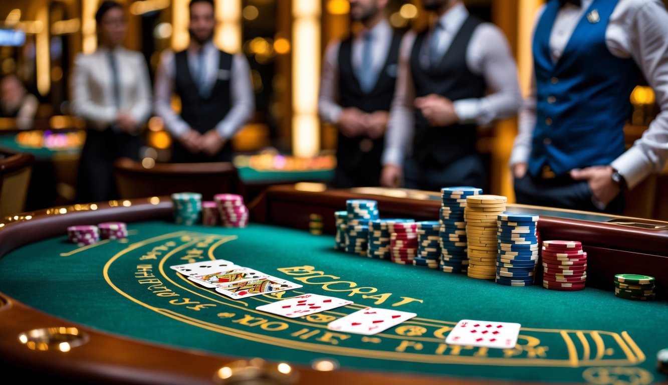 Meja permainan baccarat di kasino dengan kartu dan tumpukan chip, dikelilingi oleh pemain dan dealer.