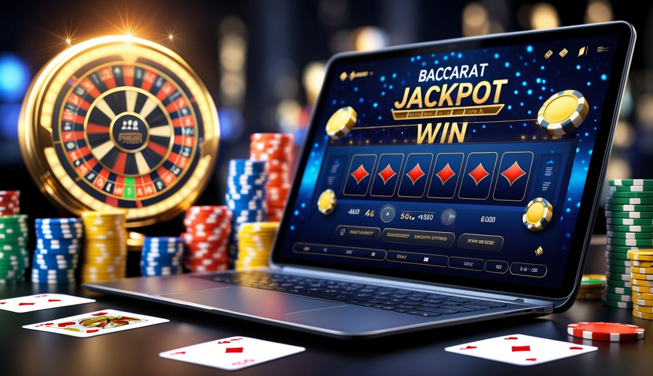 Sebuah laptop menampilkan permainan baccarat online dengan tumpukan chip dan kartu di sekitarnya, menunjukkan suasana kemenangan jackpot besar.