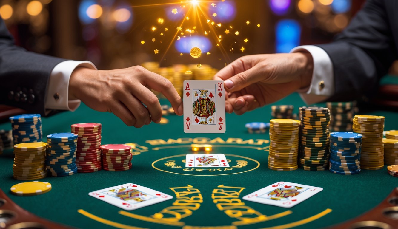 Meja kasino dengan kartu baccarat dan tumpukan chip poker, tangan sedang menunjukkan kartu pemenang.