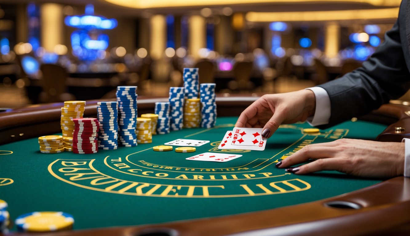 Meja baccarat di kasino dengan kartu dan chip tumpuk yang menunjukkan kemenangan jackpot.