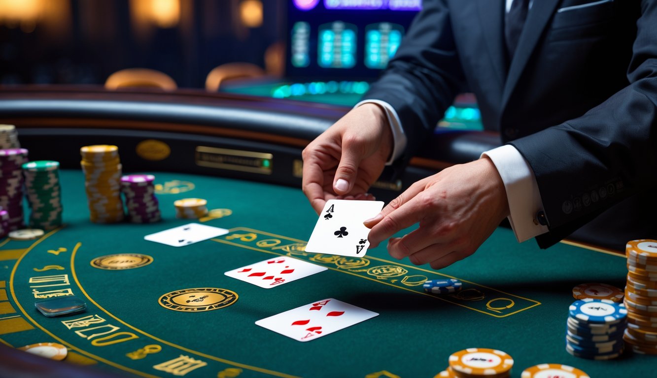 Meja kasino dengan kartu remi dan tumpukan chip poker, dealer sedang membagikan kartu di suasana permainan baccarat online.