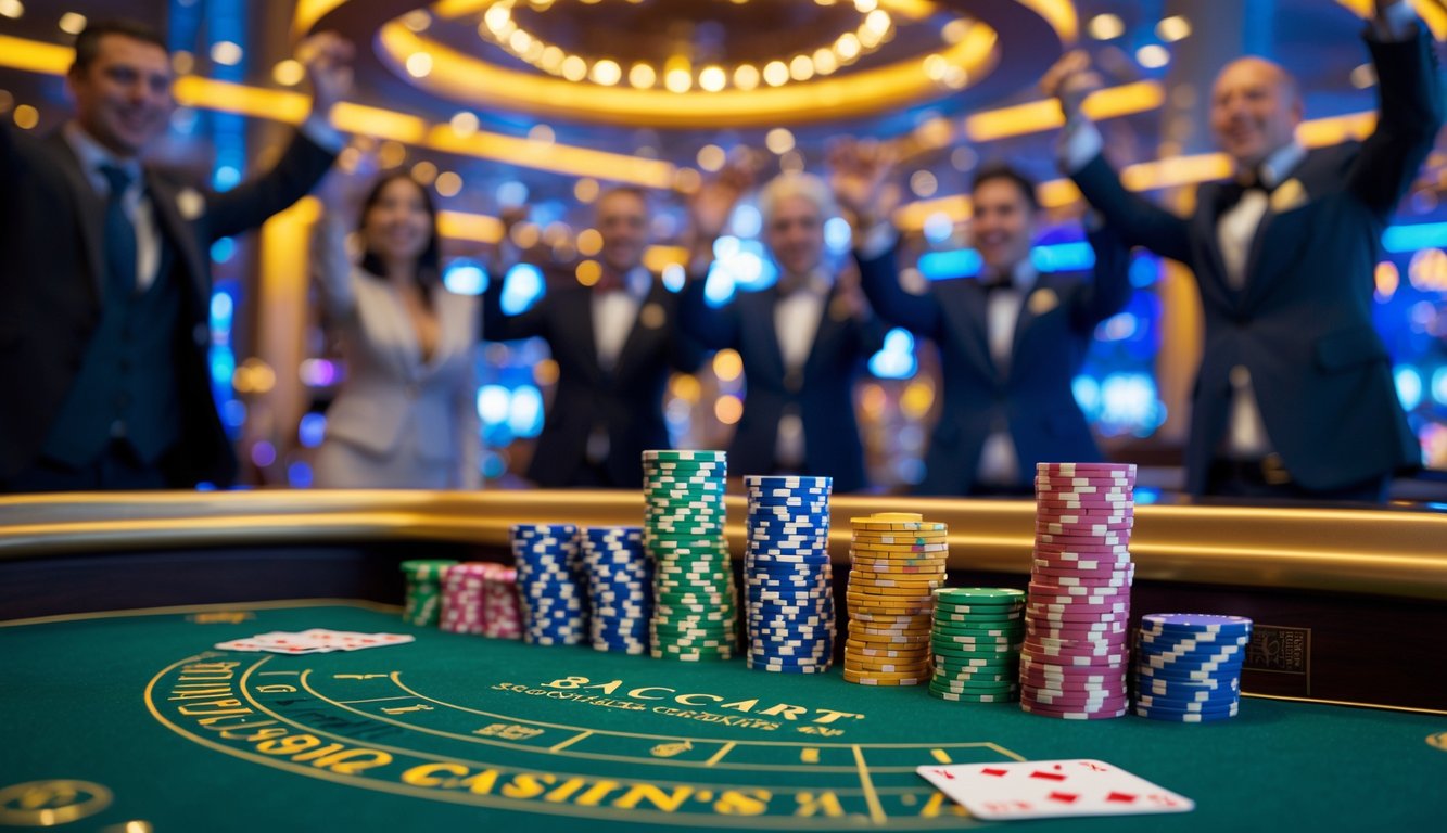 Meja baccarat di kasino mewah dengan kartu dan tumpukan chip, orang-orang merayakan kemenangan besar.