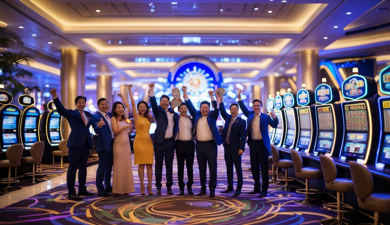 Orang-orang merayakan kemenangan jackpot di lantai kasino mewah dengan mesin slot dan meja permainan di latar belakang.