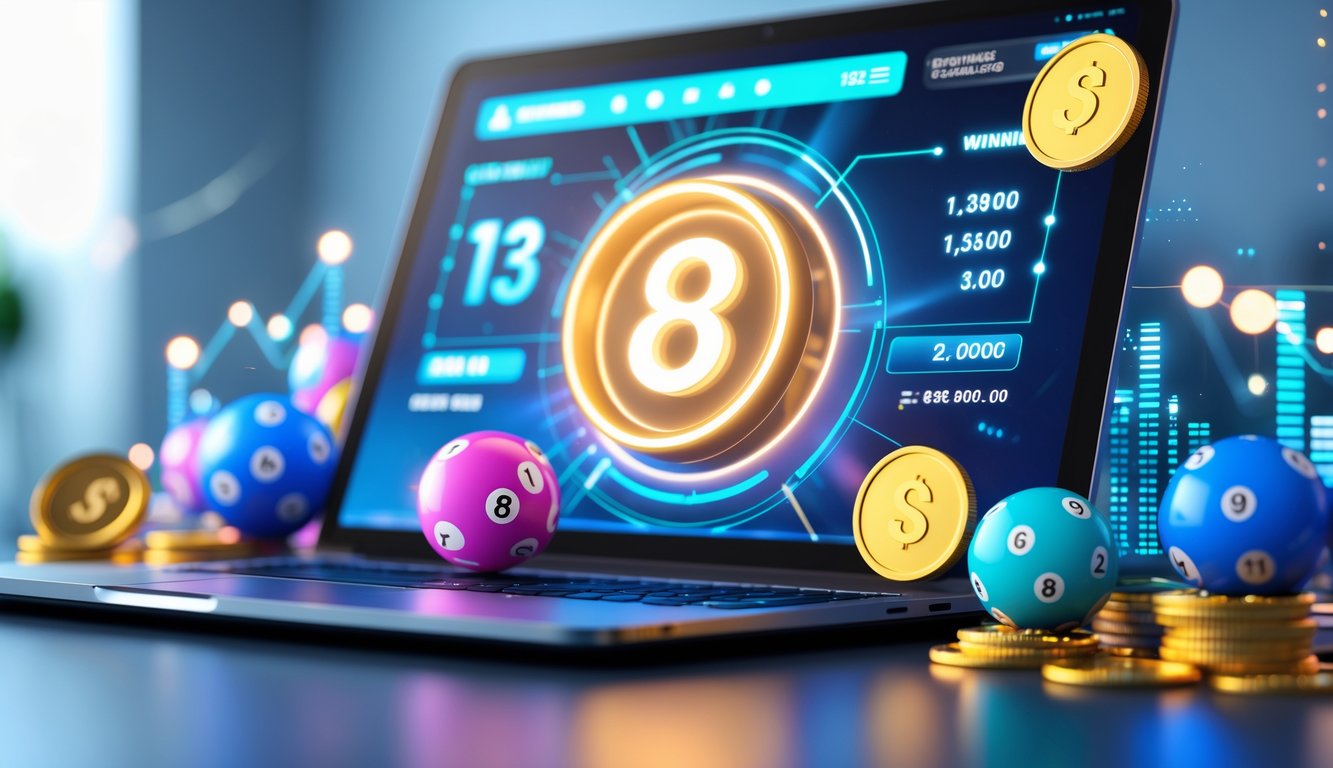 Antarmuka digital modern dengan bola lotere berwarna-warni dan koin yang bersinar di sekitar perangkat elektronik.