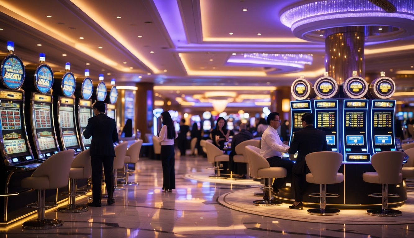 Interior kasino mewah dengan mesin slot dan orang-orang bermain di lantai permainan.