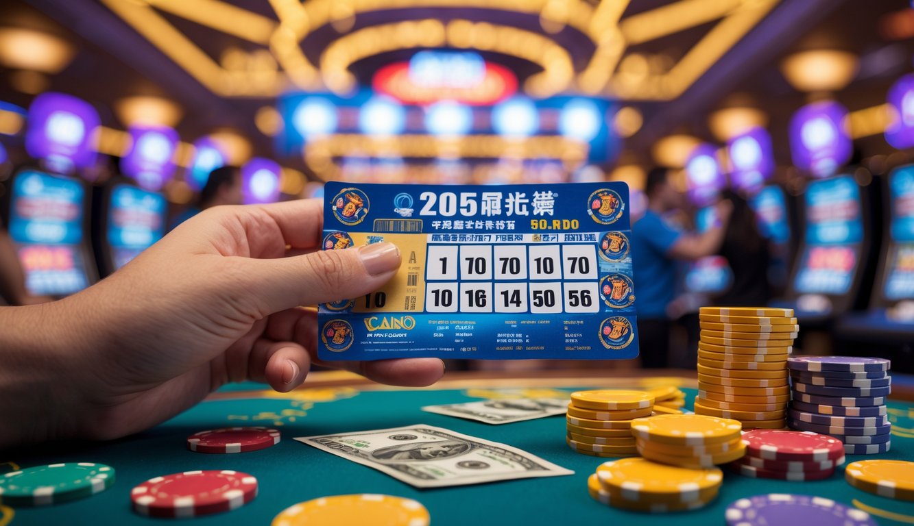 Seseorang memegang tiket Toto Macau yang menang dengan suasana kasino yang meriah dan lampu warna-warni di latar belakang.