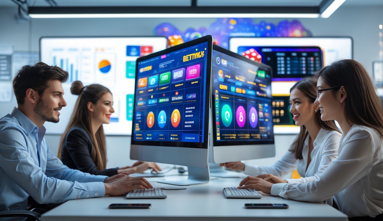 Sekelompok orang muda bekerja di kantor modern dengan beberapa komputer yang menampilkan antarmuka permainan dan taruhan online.