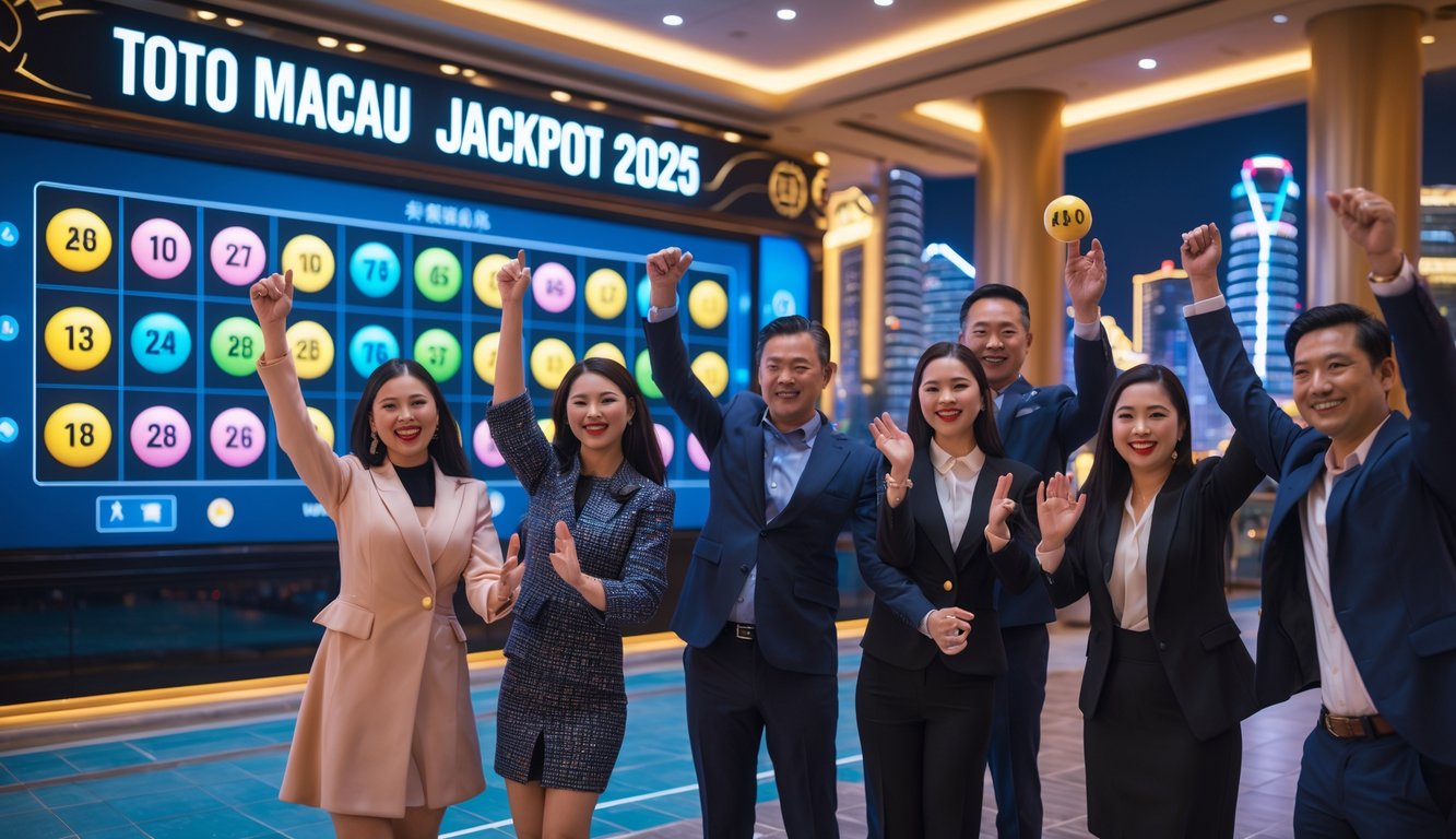 Sekelompok orang merayakan kemenangan lotere dengan latar belakang pemandangan kota Macau pada malam hari.