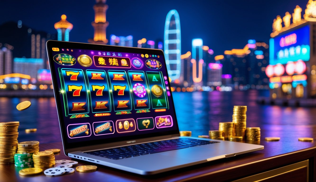 Pemandangan meja kerja dengan laptop yang menampilkan permainan kasino digital dan latar belakang kota Macau yang diterangi lampu neon pada malam hari.
