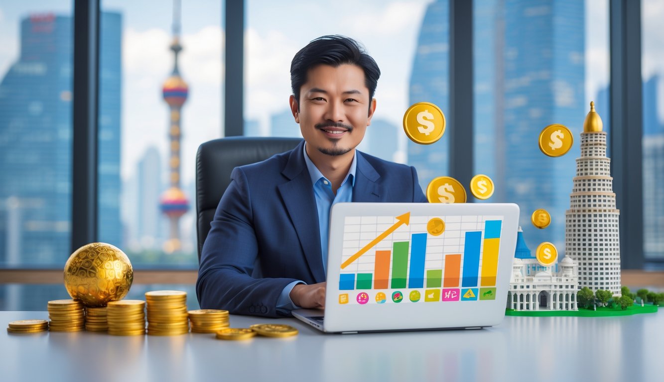 Seorang pria Asia duduk di meja dengan laptop terbuka dan grafik, dikelilingi bola lotere dan koin emas di kantor terang dengan pemandangan kota.